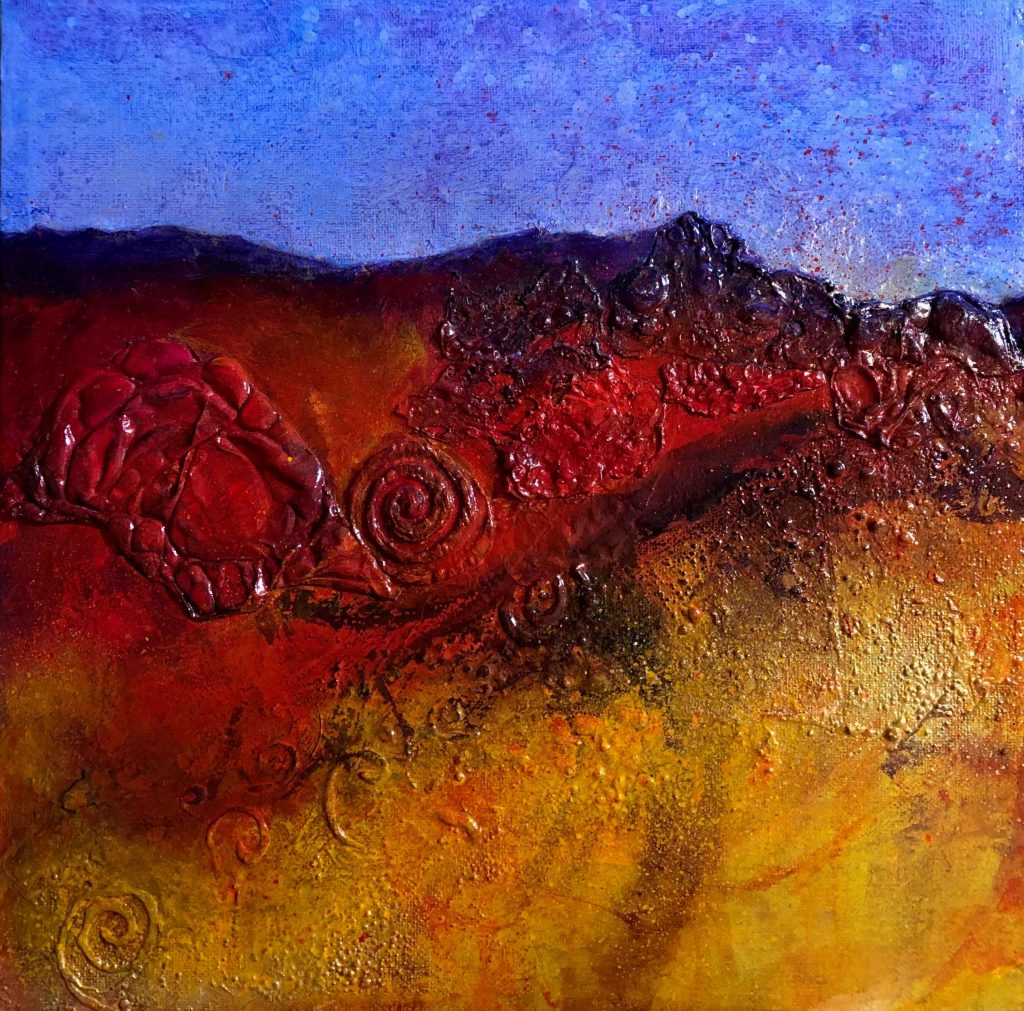Semi-abstract oil painting showing red mountainous terrain be;low blue sky with overlayed textured swirls swirls.